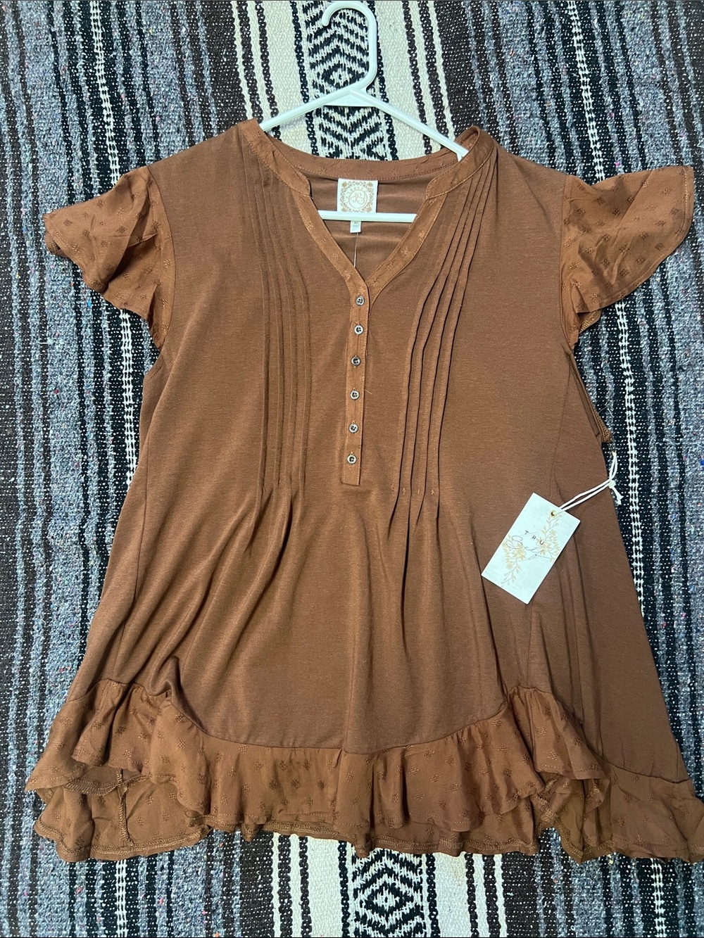 Women's Brown Ruffle Hem Button Front Top